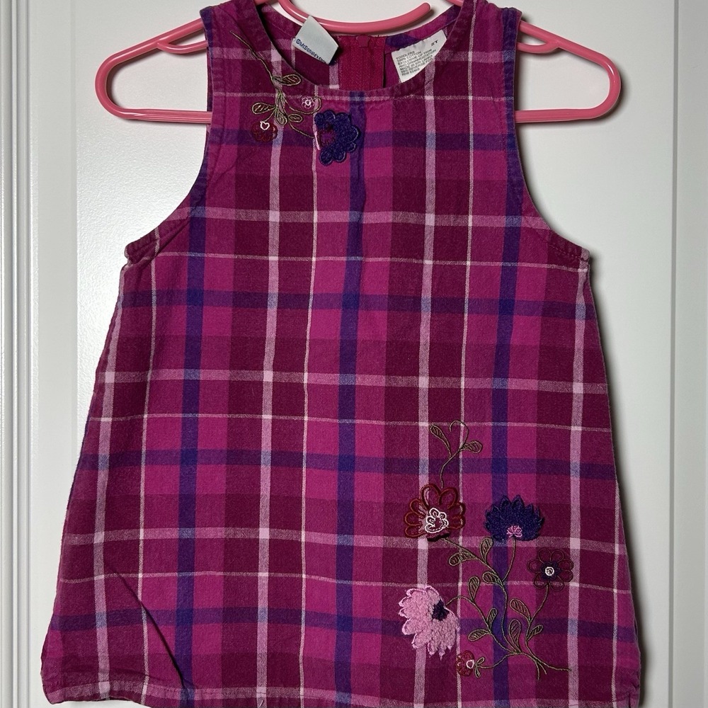 McKids McDonald's Vintage 90s 100% Cotton Magenta Plaid Floral Embroidery Dress